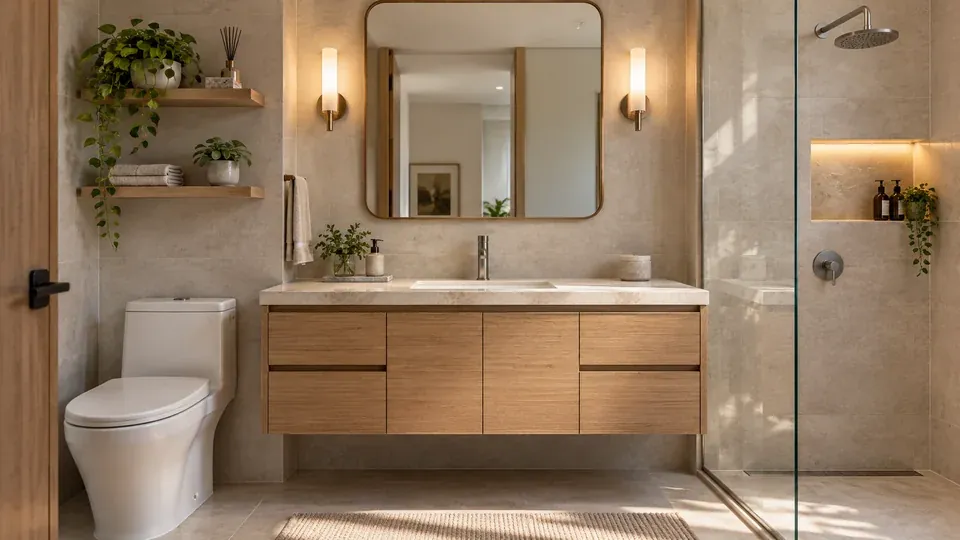 Propuesta de mueble de baño a medida con mesón claro y almacenamiento integrado