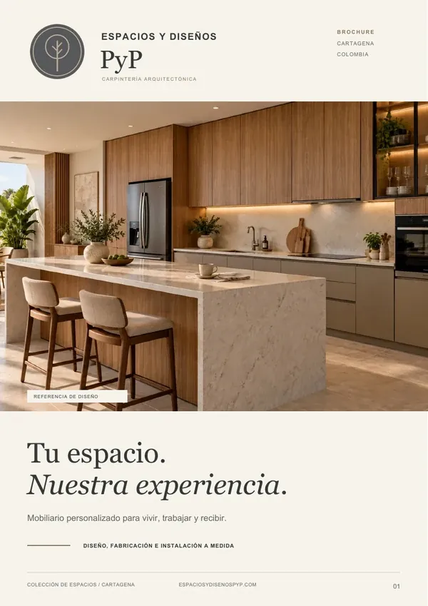 Portada del brochure de Espacios y Diseños PyP: mobiliario a medida para vivir, trabajar y recibir
