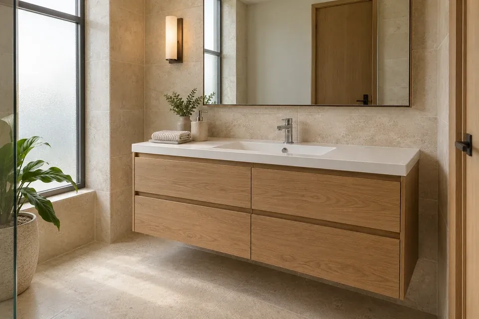 Mueble de baño suspendido en roble natural con cajones, lavamanos integrado blanco y espejo rectangular