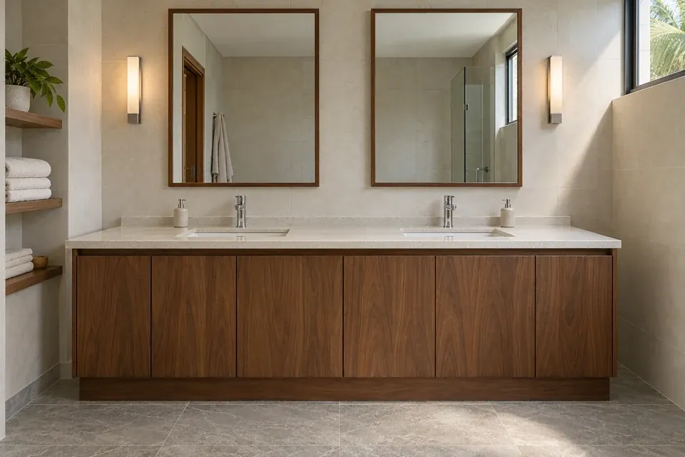 Mueble de baño en nogal con doble lavamanos y dos espejos rectangulares, con grifería cromada
