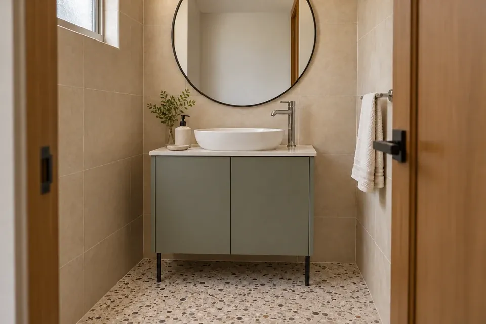 Mueble de baño compacto verde grisado con lavamanos de sobreponer y espejo redondo