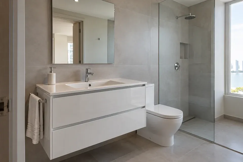 Mueble de baño blanco brillante de dos cajones con lavamanos integrado y espejo rectangular