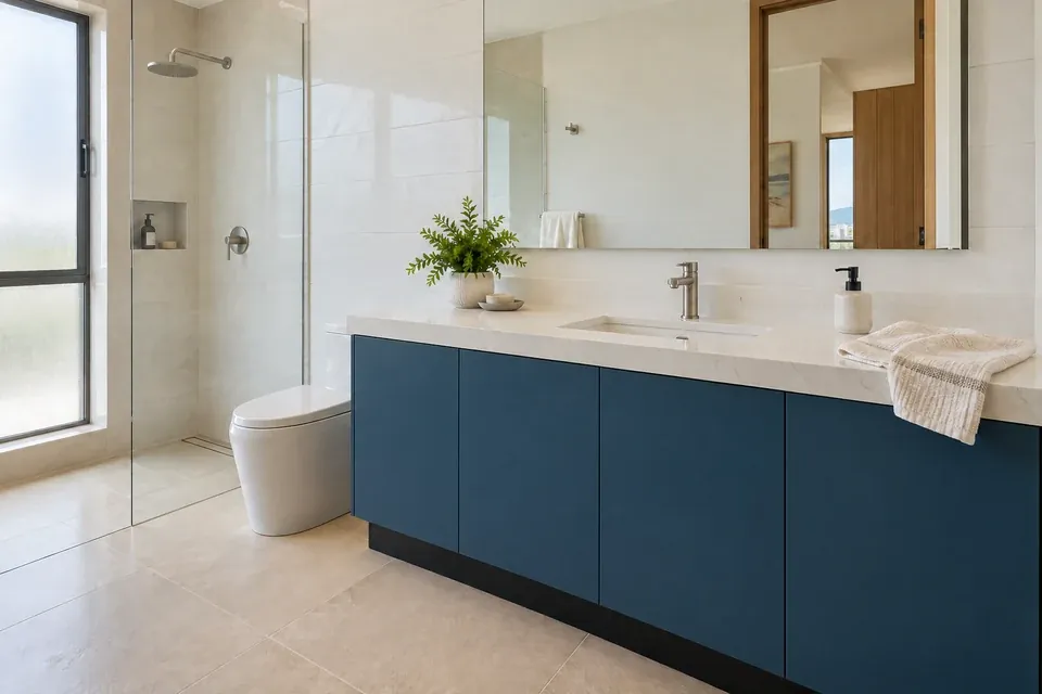 Mueble de baño azul petróleo con puertas de marco sencillo y cubierta blanca, en ambiente luminoso