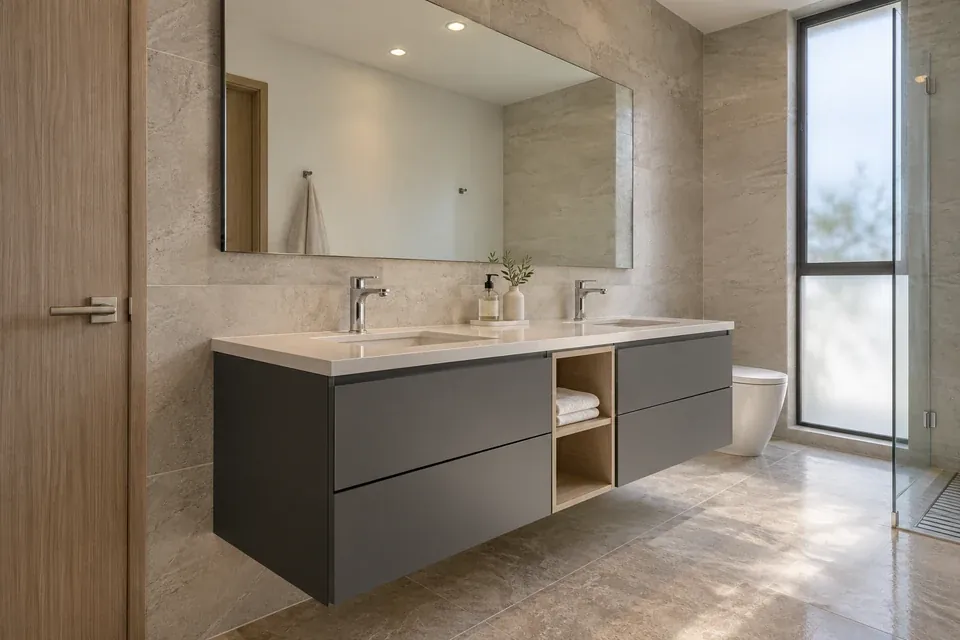Mueble doble de baño en grafito mate con nicho central en fresno y dos lavamanos blancos