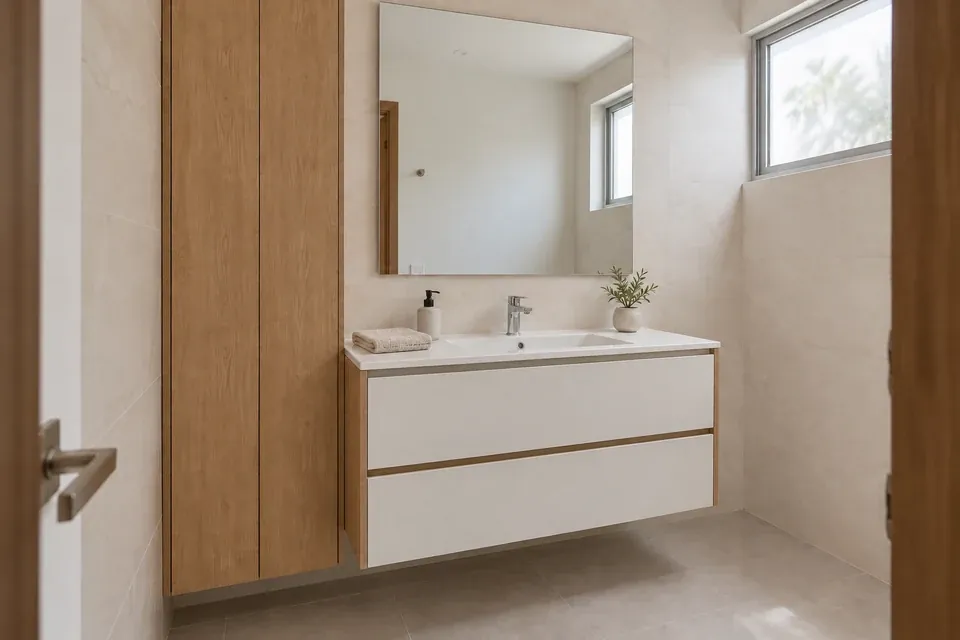 Mueble de baño blanco cálido y roble con columna lateral cerrada para toallas y lavamanos integrado