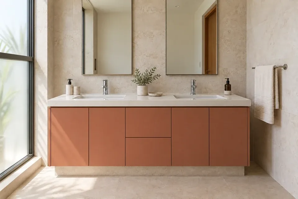 Mueble doble de baño terracota mate con lavamanos blancos y espejos de marco fino