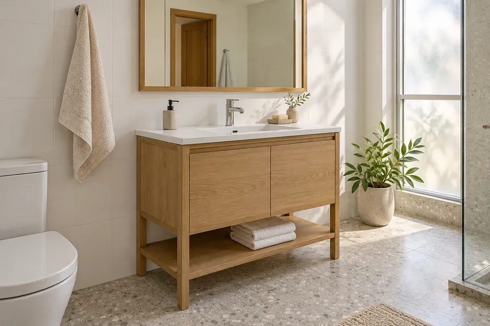 Mueble de baño en roble claro apoyado sobre patas con lavamanos blanco y repisa abierta inferior