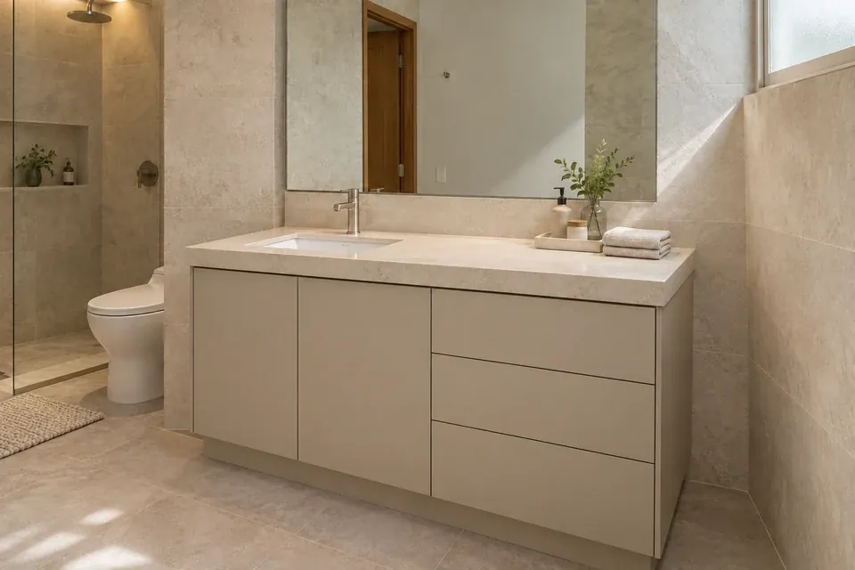 Mueble de baño arena mate con lavamanos desplazado y superficie libre para uso diario