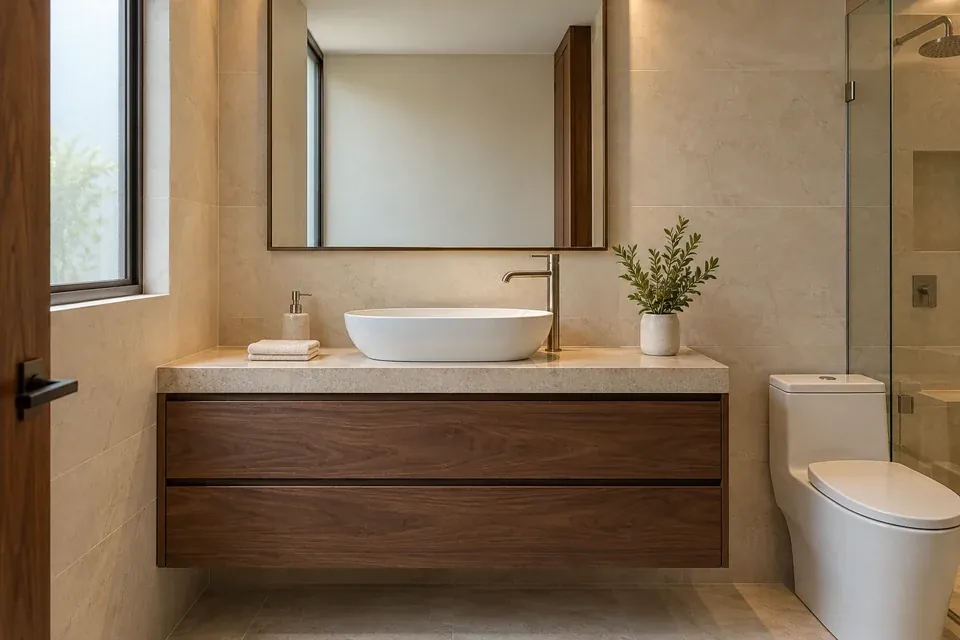Mueble de baño en nogal oscuro con lavamanos de sobreponer y cubierta mineral beige
