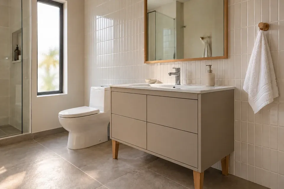 Mueble compacto greige de frentes lisos con patas de madera y lavamanos de cerámica, en baño de paredes blancas