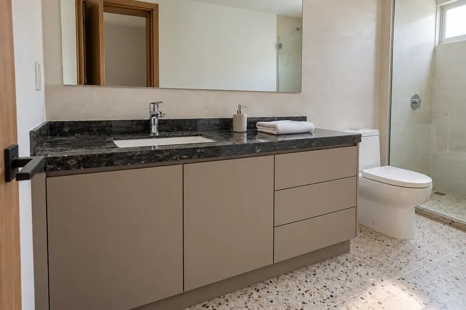 Mueble de baño color arcilla con cubierta de granito oscuro y lavamanos blanco empotrado