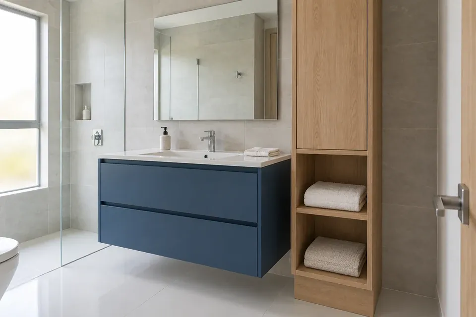 Mueble azul profundo con lavamanos integrado y columna lateral de roble para almacenamiento de baño