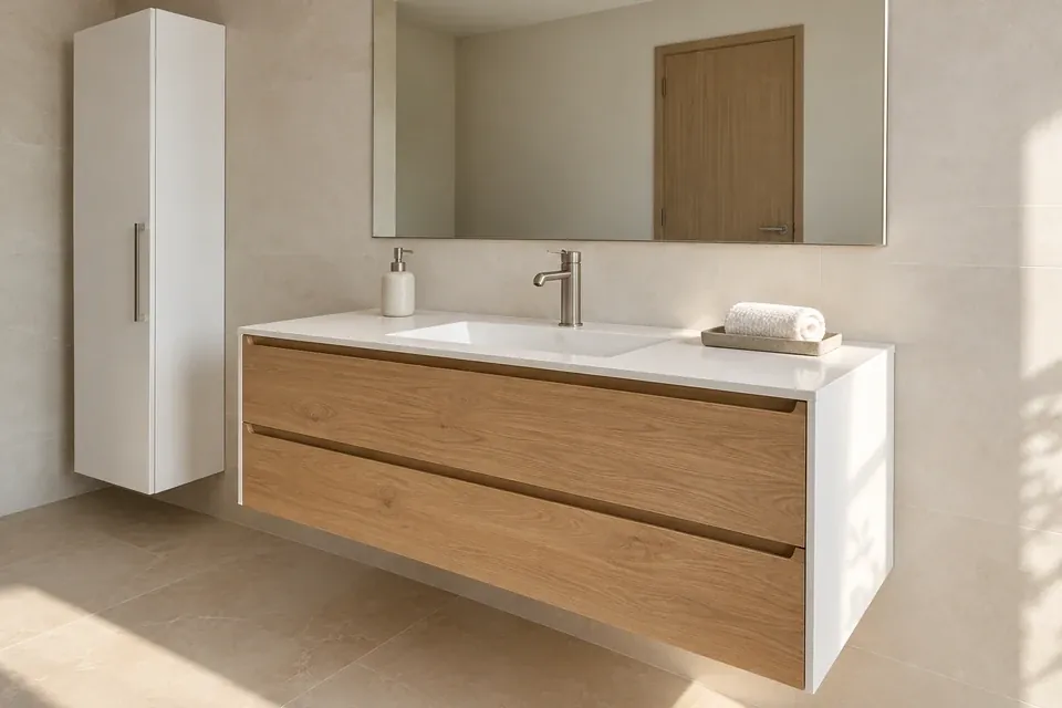 Mueble de baño blanco satinado con dos cajones de roble y espacio inferior despejado