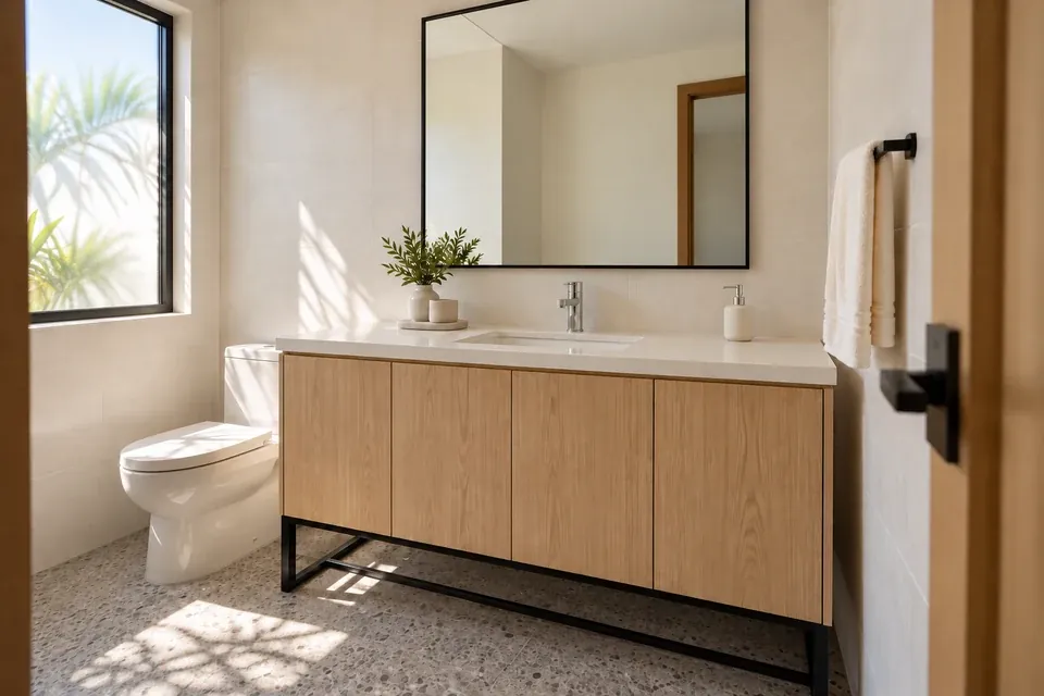 Mueble de baño en fresno claro de puertas lisas sobre estructura negra, lavamanos blanco y espejo de marco fino