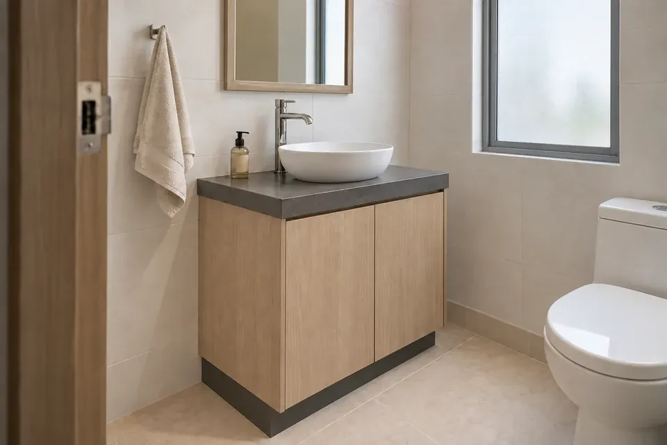 Mueble compacto de fresno con cubierta grafito, lavamanos blanco y espejo rectangular