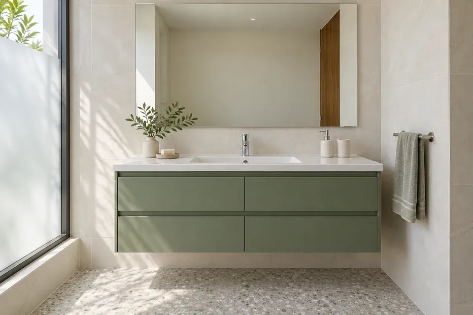 Mueble de baño verde salvia con cajones amplios y lavamanos integrado, en baño de porcelanato claro