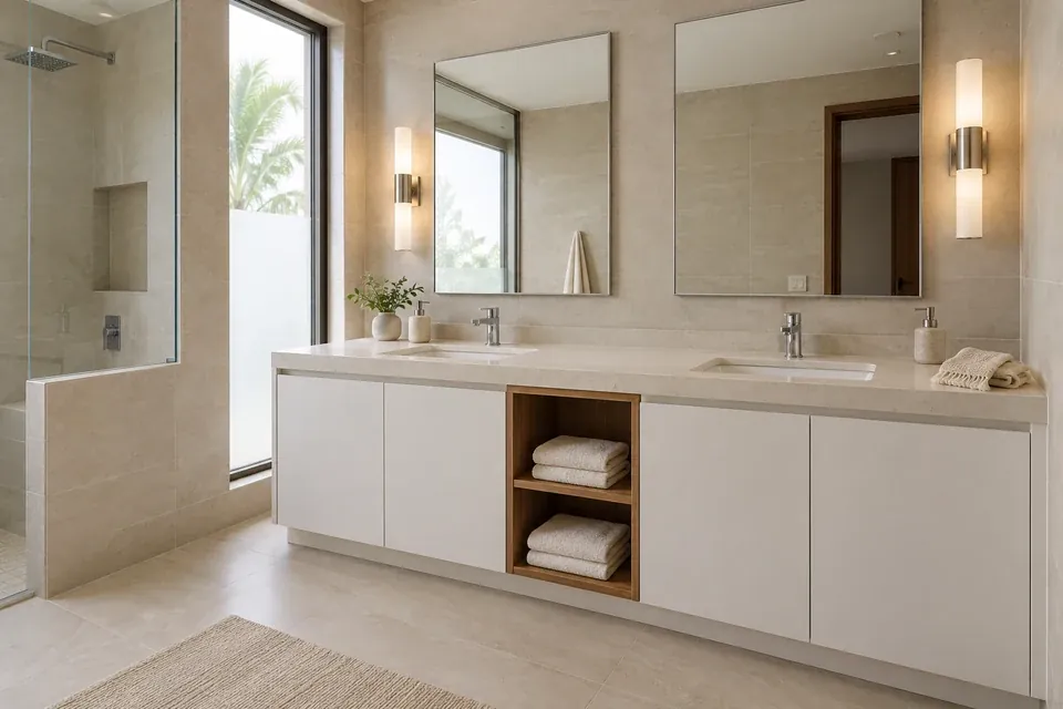 Mueble doble de baño blanco mate con nichos centrales en nogal, dos lavamanos y espejos rectangulares
