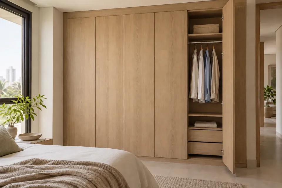 Closet empotrado en roble claro con puertas batientes y un módulo abierto para prendas