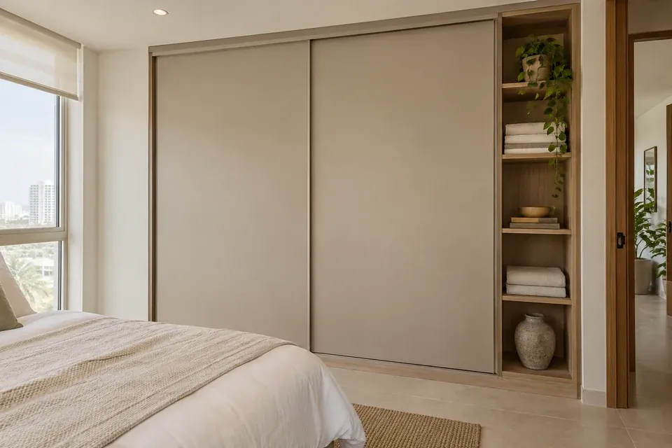 Closet arena mate con dos grandes puertas corredizas y nicho lateral en madera