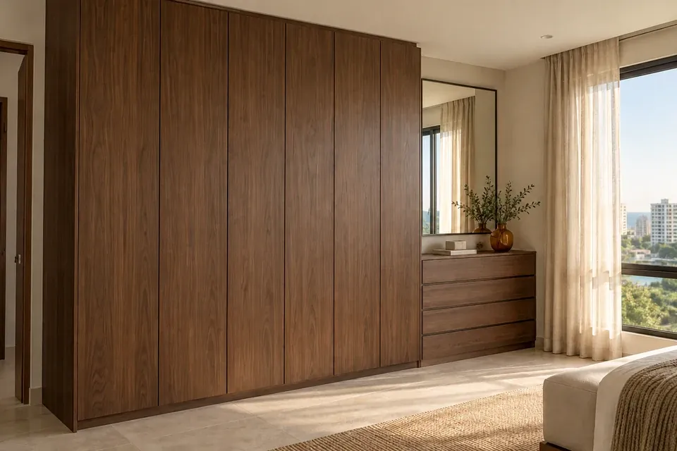 Closet de puertas lisas en nogal sin manijas con cómoda integrada