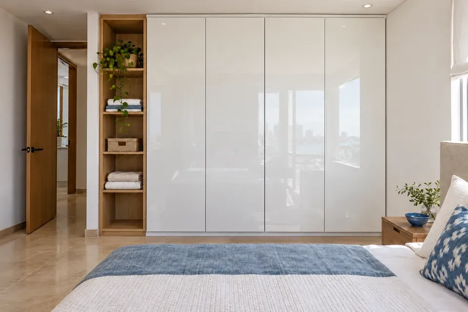 Closet blanco brillante con puertas lisas y nicho abierto de roble claro