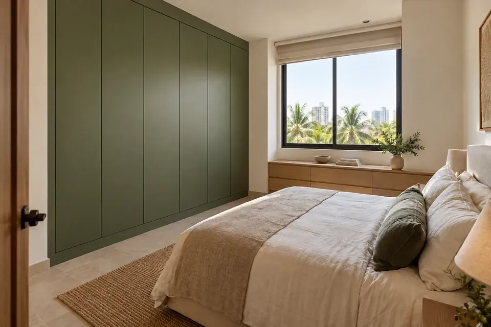Closet empotrado verde olivo mate con puertas batientes y detalles en roble