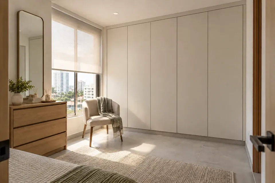 Closet en tono perla con puertas de apertura batiente y cómoda en madera miel