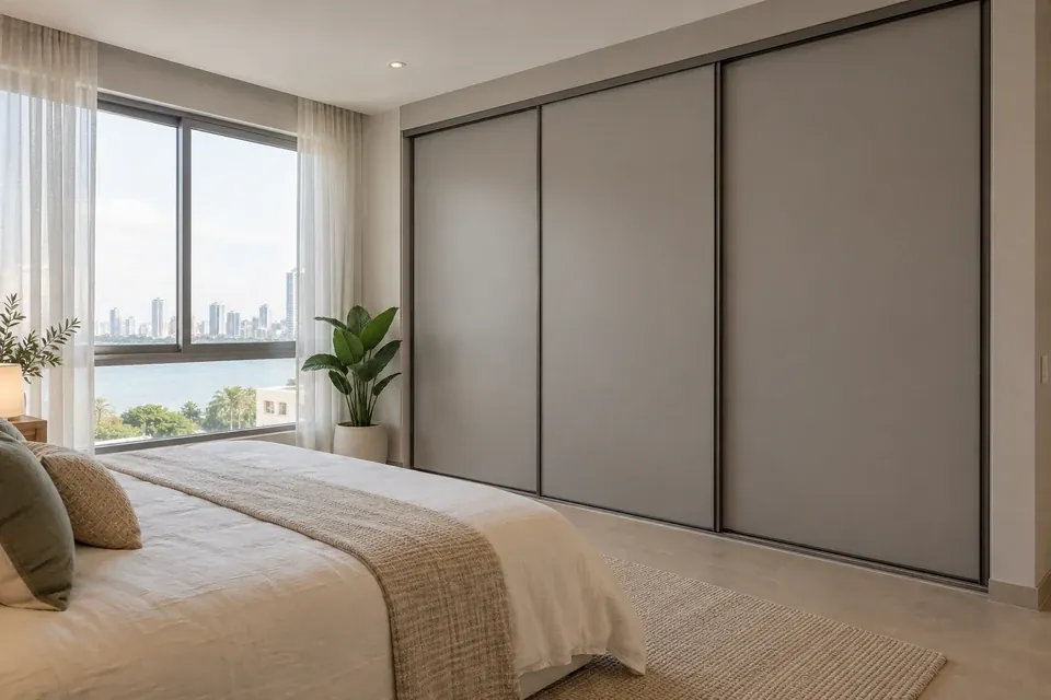 Closet gris cálido con puertas corredizas y marcos de aluminio oscuro