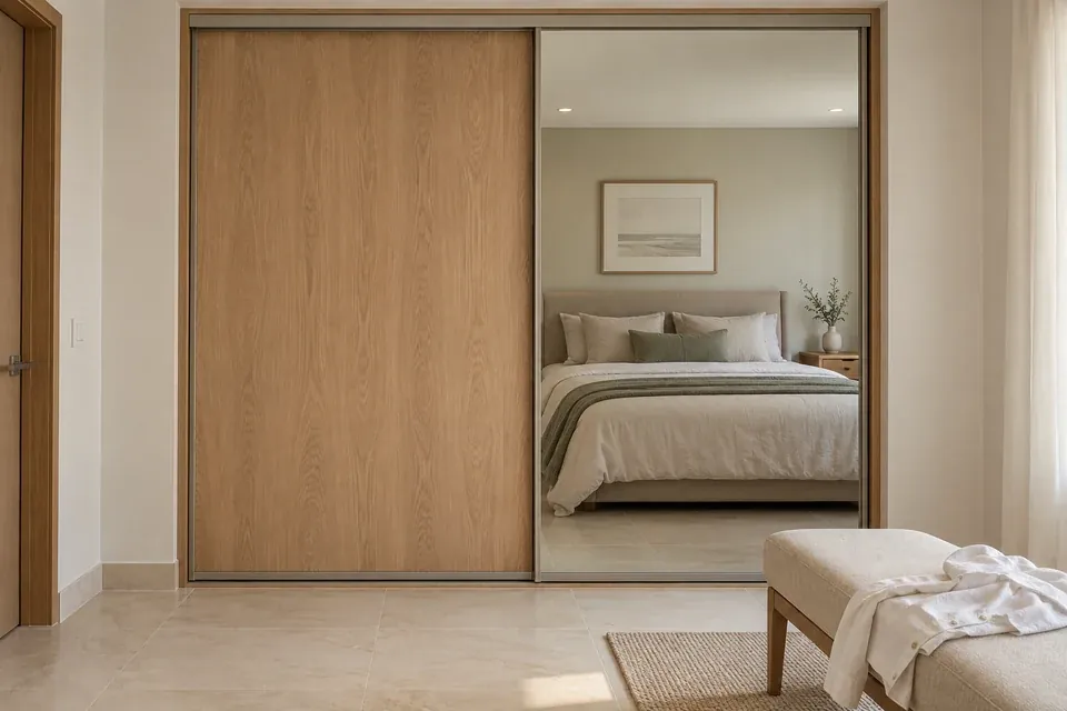 Closet en roble claro con panel de espejo y puertas corredizas de dos guías