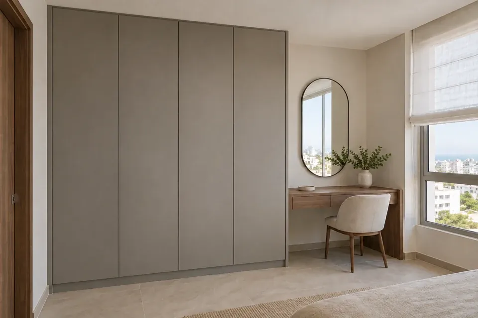 Closet en gris humo mate junto a un pequeño tocador integrado en madera