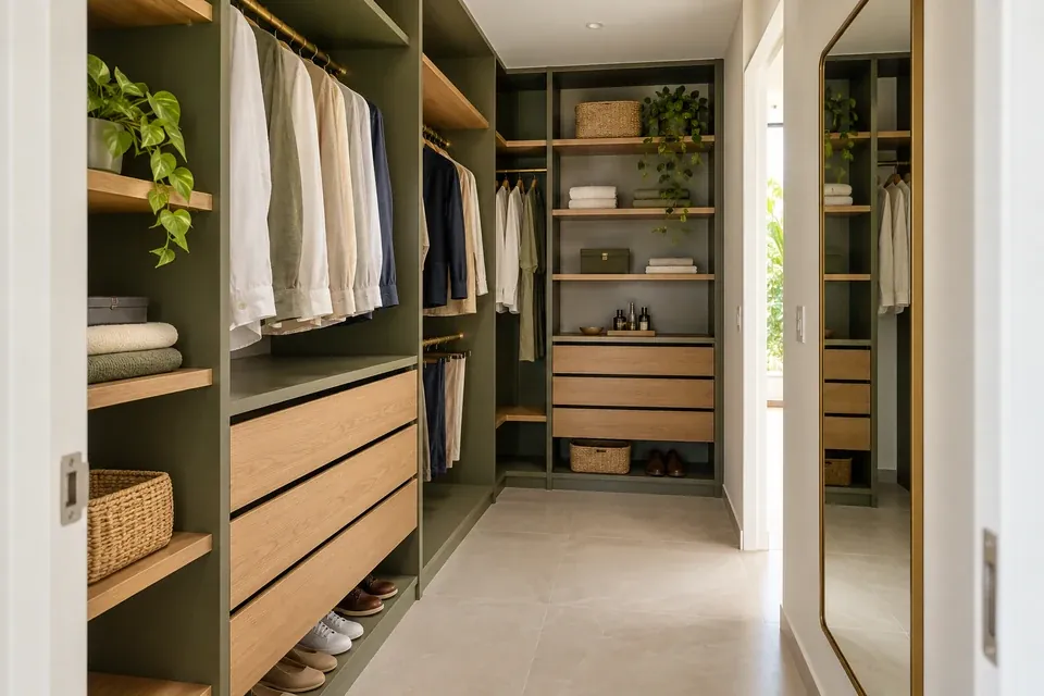 Vestier verde olivo mate con módulos abiertos, cajones y repisas en madera