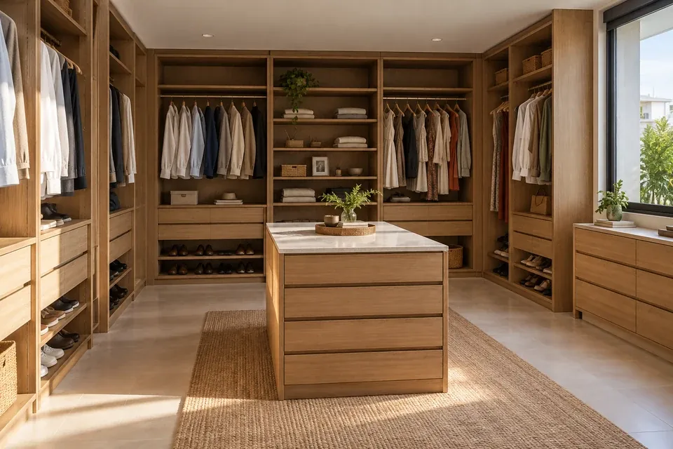 Vestier en madera cálida con cómoda central pequeña y circulación generosa