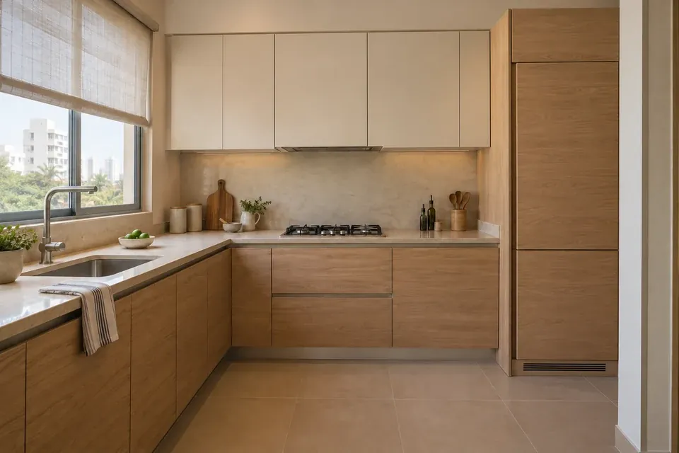 Cocina compacta en L con frentes tipo roble, alacenas marfil y mesón claro junto a una ventana
