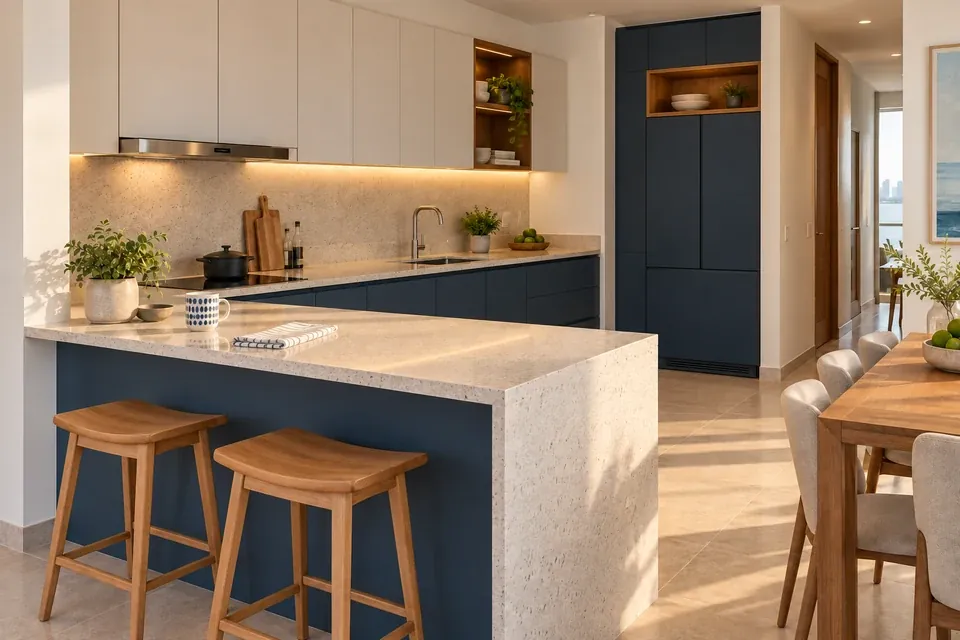 Cocina azul mate con mesón claro y península de apoyo para dos personas