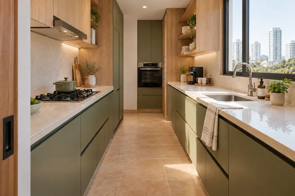 Cocina de dos frentes paralelos en verde olivo y madera clara con corredor amplio