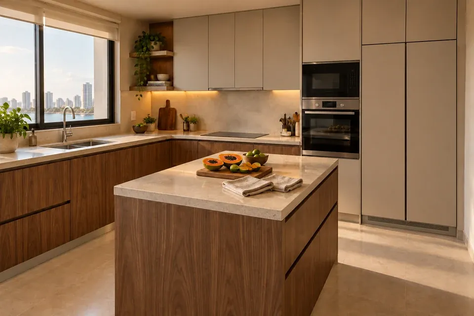 Cocina de nogal cálido y arena mate con isla de preparación y almacenamiento