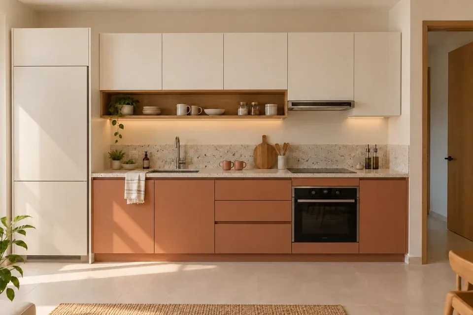 Cocina lineal compacta con muebles terracota mate y alacenas color perla