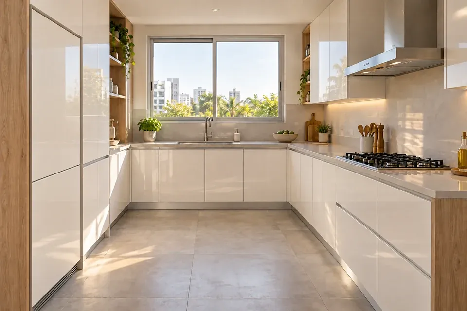 Cocina en U blanca brillante con cubierta gris suave, zona de lavado y cocción separadas