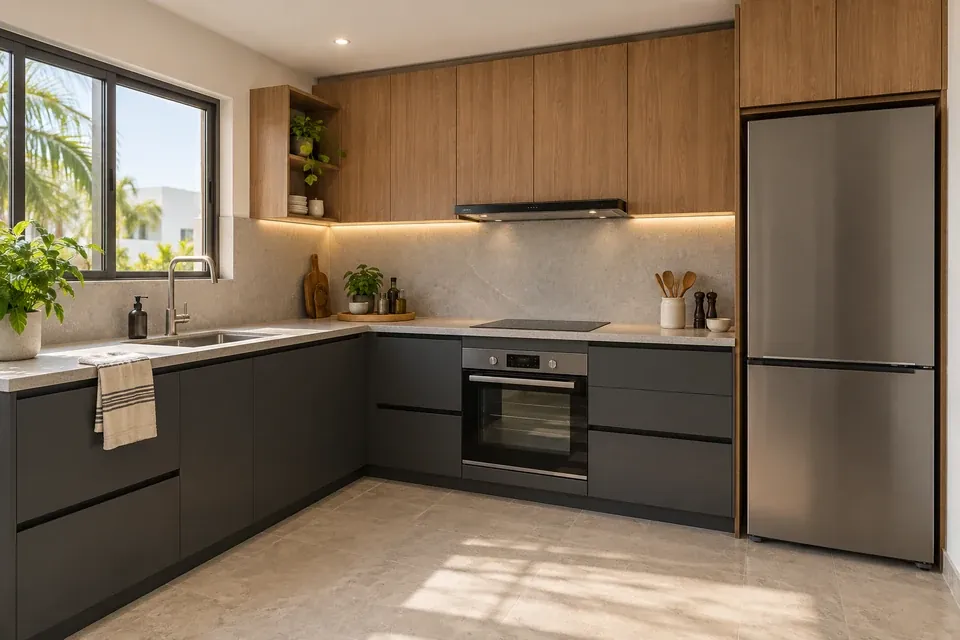 Cocina contemporánea en L con frentes grafito mate, madera cálida y mesón gris claro