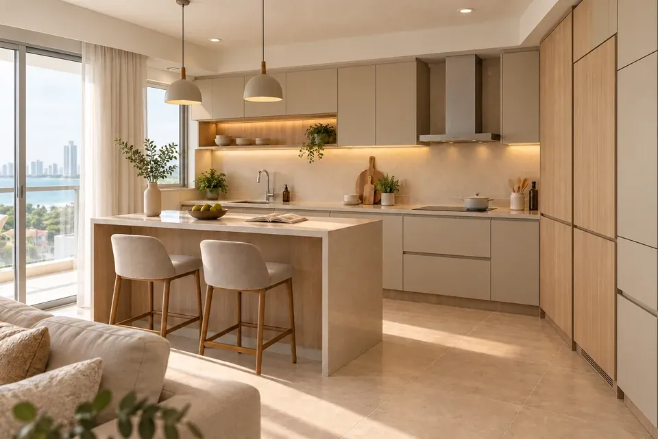 Cocina en tonos arena con isla de desayunos, cubierta clara y luz natural