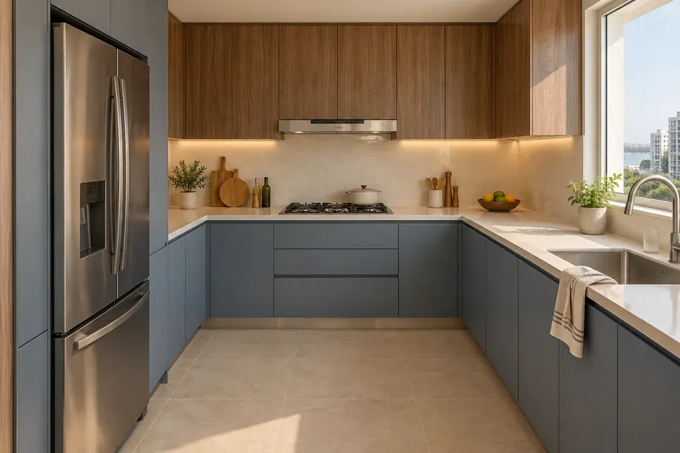 Cocina en U azul desaturado con nogal, cajones funcionales y mesón color crema