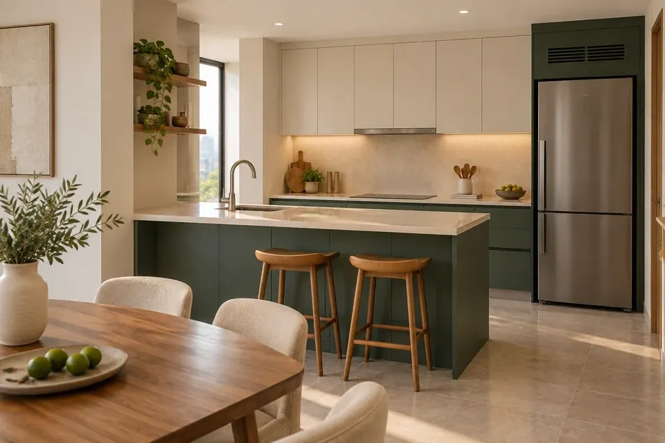 Cocina verde profundo con una península de desayunos y muebles superiores claros