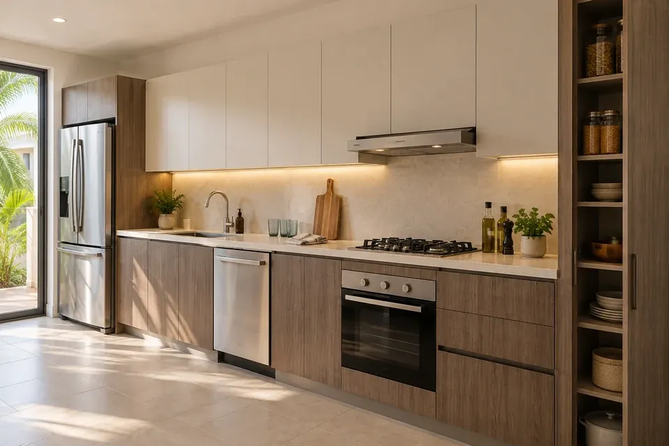 Cocina lineal de madera oscura con alacenas perla y cubierta clara