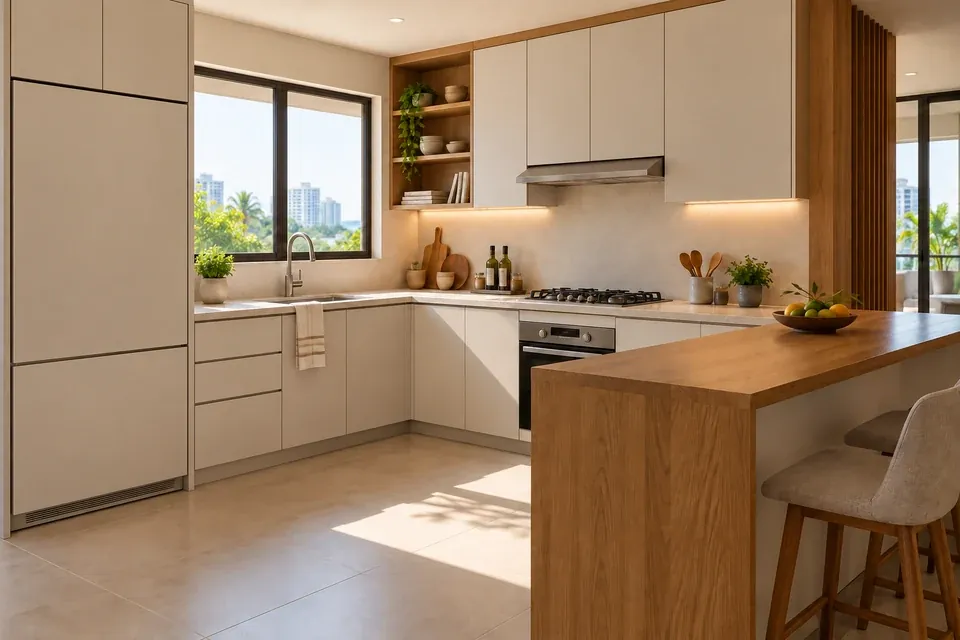 Referencia de cocina con frentes lisos claros y madera natural en una composición rectilínea