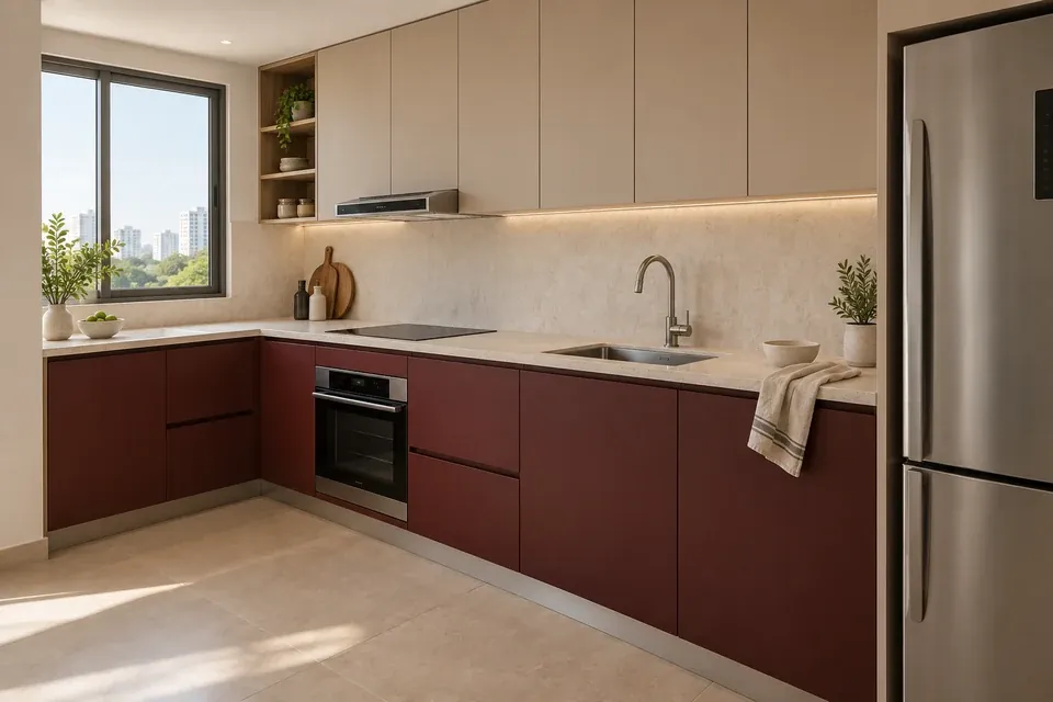 Cocina compacta con muebles inferiores color vino suave y alacenas arena
