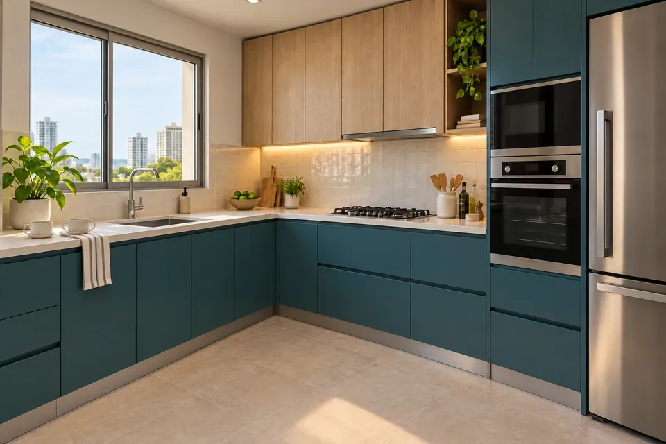 Cocina azul verdoso satinado y madera clara con iluminación de trabajo bajo las alacenas