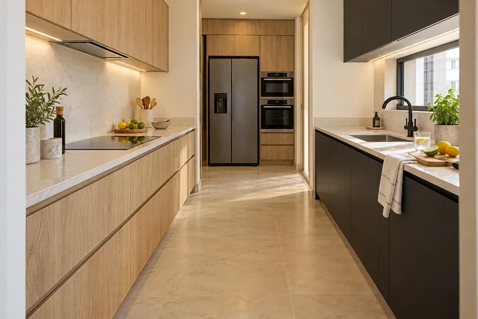 Cocina en paralelo con madera clara, frentes negros mate y cubierta mineral clara