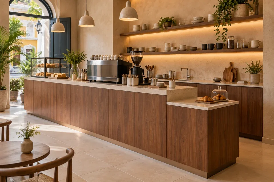 Barra de servicio para café con frente de nogal y almacenamiento sin manijas