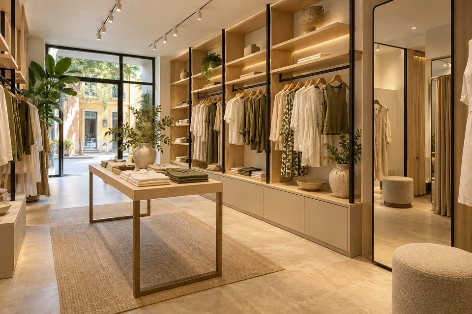 Mobiliario de boutique con estantes, módulos de ropa y cajones inferiores sin manijas