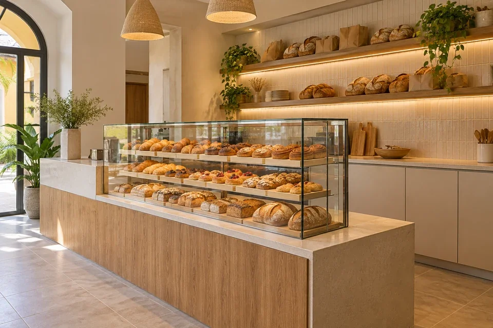 Mostrador de panadería con vitrina de vidrio, frentes madera y almacenamiento inferior